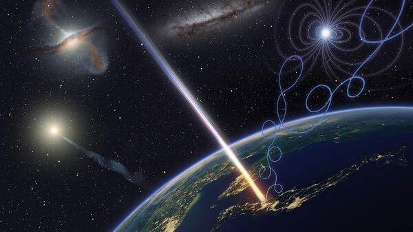 Художественная иллюстрация космических лучей сверхвысокой энергии
