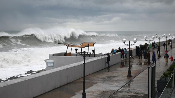 Люди смотрят на шторм на набережной в Сочи. 27 ноября 2023