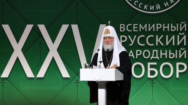 Патриарх Московский и всея Руси Кирилл выступает на пленарном заседании XXV Всемирного Русского народного собора. 28 ноября 2023