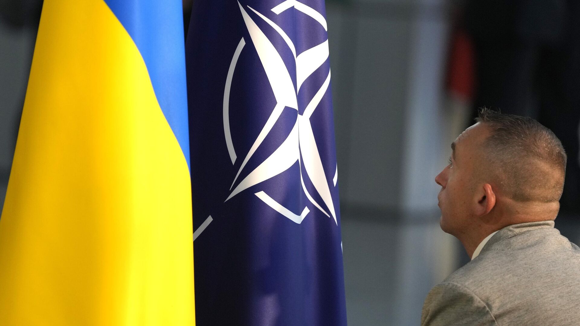 Ukrainian and NATO flags during the meeting of NATO defense ministers in Brussels - RIA Novosti, 1920, 30.11.2023