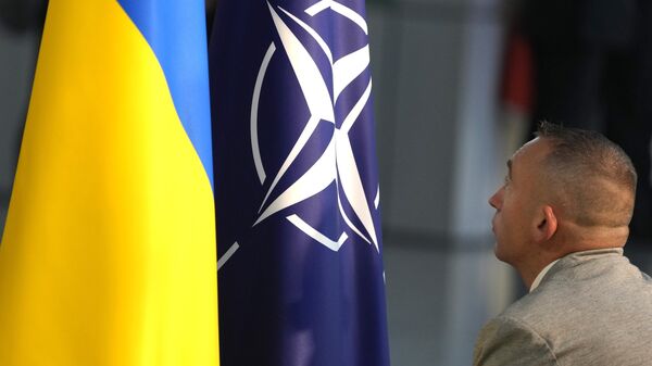 Флаги Украины и НАТО во время встречи министров обороны НАТО в Брюсселе