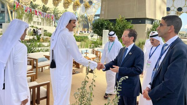 Эмир Катара Тамим ибн Хамад Аль Тани и президент Израиля Ицхак Герцог во время встречи на климатической конференции ООН в Дубае