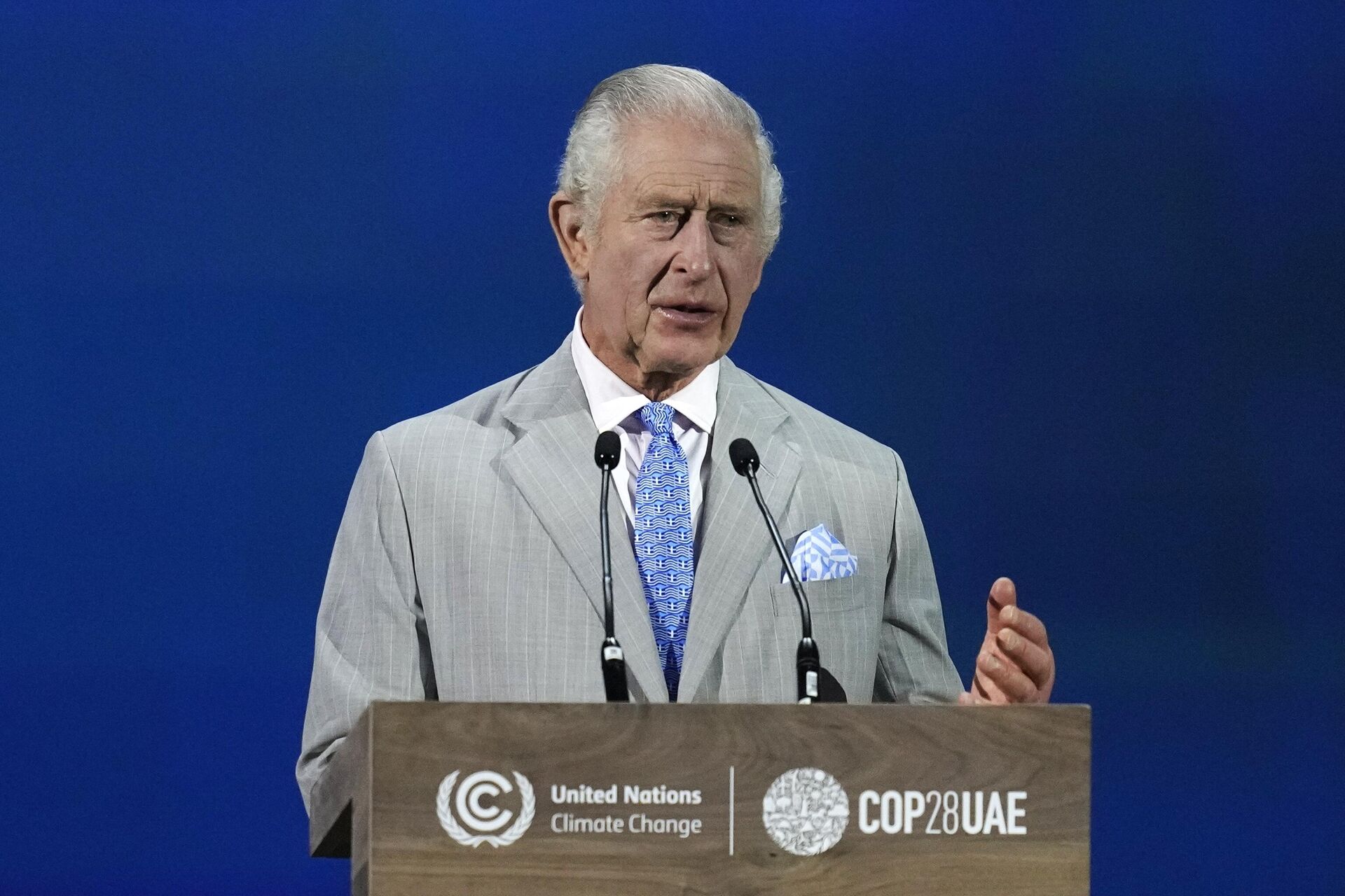Карл III надел на COP28 галстук с флагами Греции Карл III надел на COP28 галстук с флагами Греции - РИА Новости, 1920, 14.05.2025