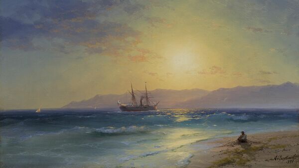 Картина Корабль в море на фоне гор художника Ивана Айвазовского