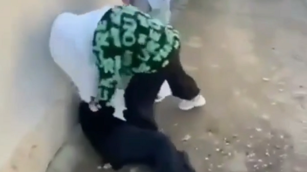 Кадр видео, на котором видно, как две юные девушки избивают третью