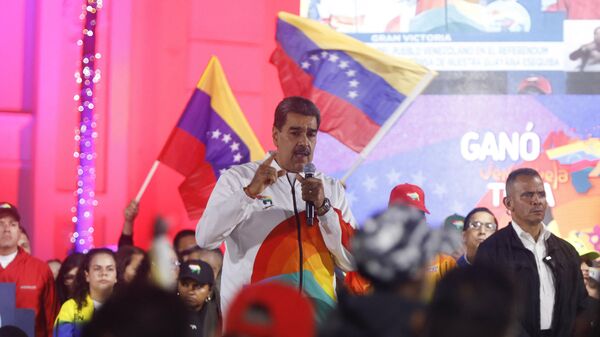 Президент Венесуэлы Николас Мадуро в ходе выступления во время празднования итогов референдума. 3 декабря 2023
