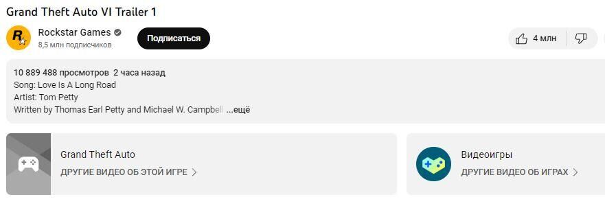 Статистика трейлера GTA VI на YouTube - РИА Новости, 1920, 05.12.2023