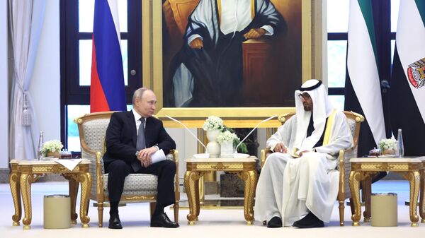 Президент России Владимир Путин и президент ОАЭ шейх Мухаммед бен Заид Аль Нахайян во время встречи во дворце Каср Аль-Ватан в Абу-Даби