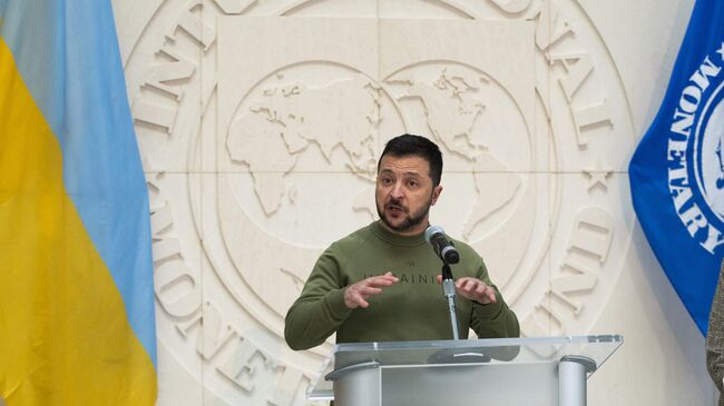 Президент Украины Владимир Зеленский в штаб-квартире МВФ в Вашингтоне. 11 декабря 2023