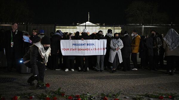 Участники акции с призывом прекратить огонь в Газе возле здания Белого дома в Вашингтоне, США