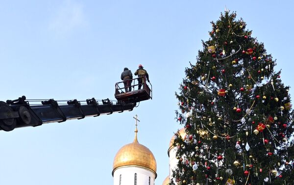 Рабочие украшают главную новогоднюю ель страны на Соборной площади Кремля в Москве