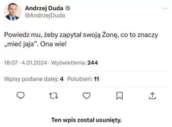 Скрин-шот поста, распространяемого в сети интернет и приписываемого президенту Польши Анджею Дуде