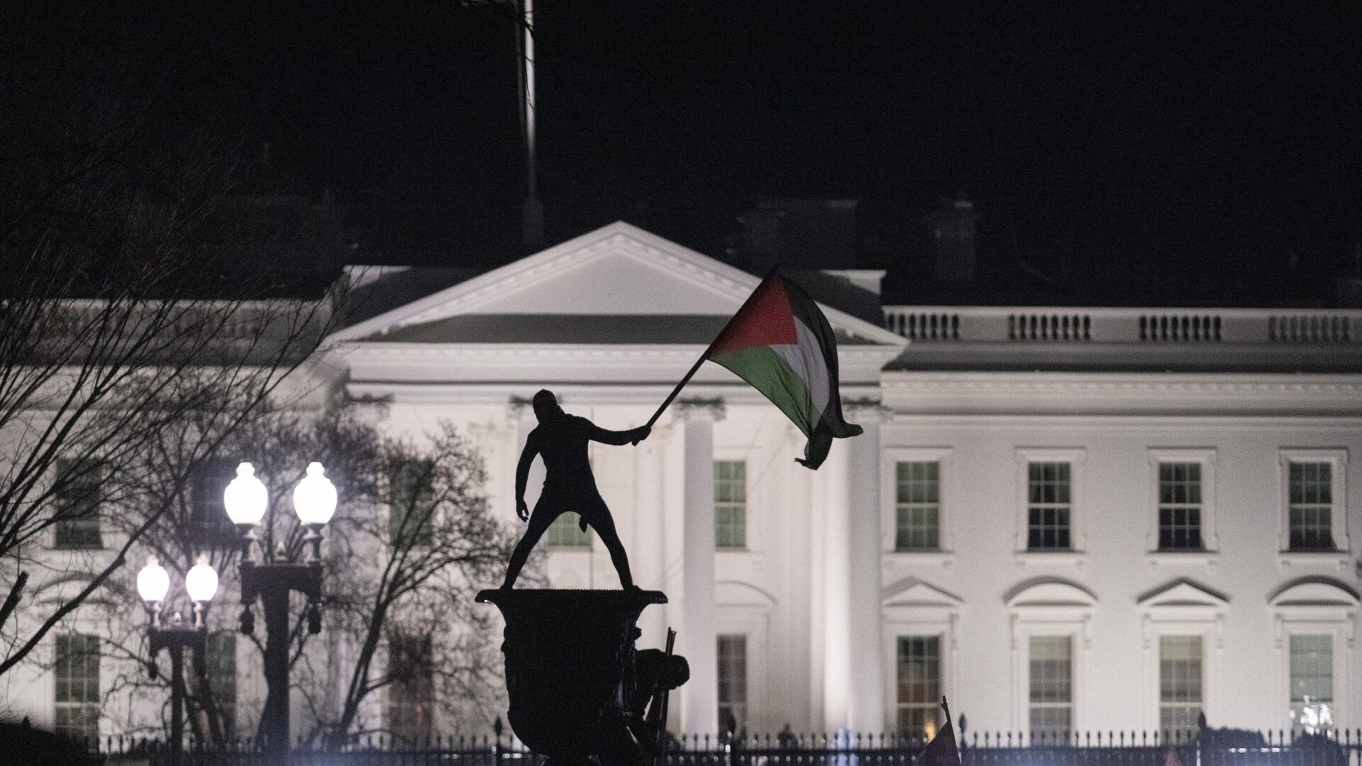 Участник пропалестинской акции с флагом Палестины на фоне Белого дома. 13 января 2024 года - РИА Новости, 1920, 14.01.2024