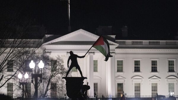 Участник пропалестинской акции с флагом Палестины на фоне Белого дома. 13 января 2024 года