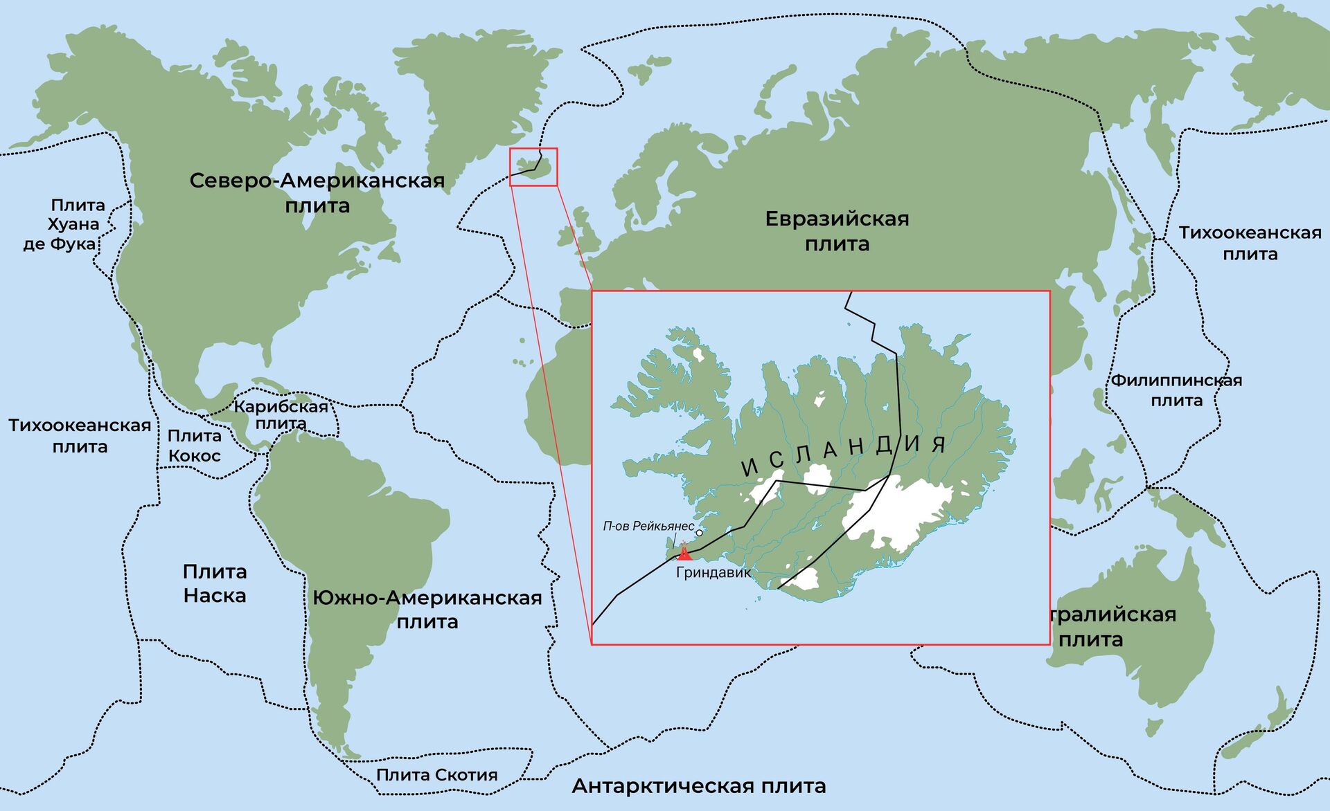 Положение полуострова Рейкьянес на границе литосферных плит - РИА Новости, 1920, 15.01.2024