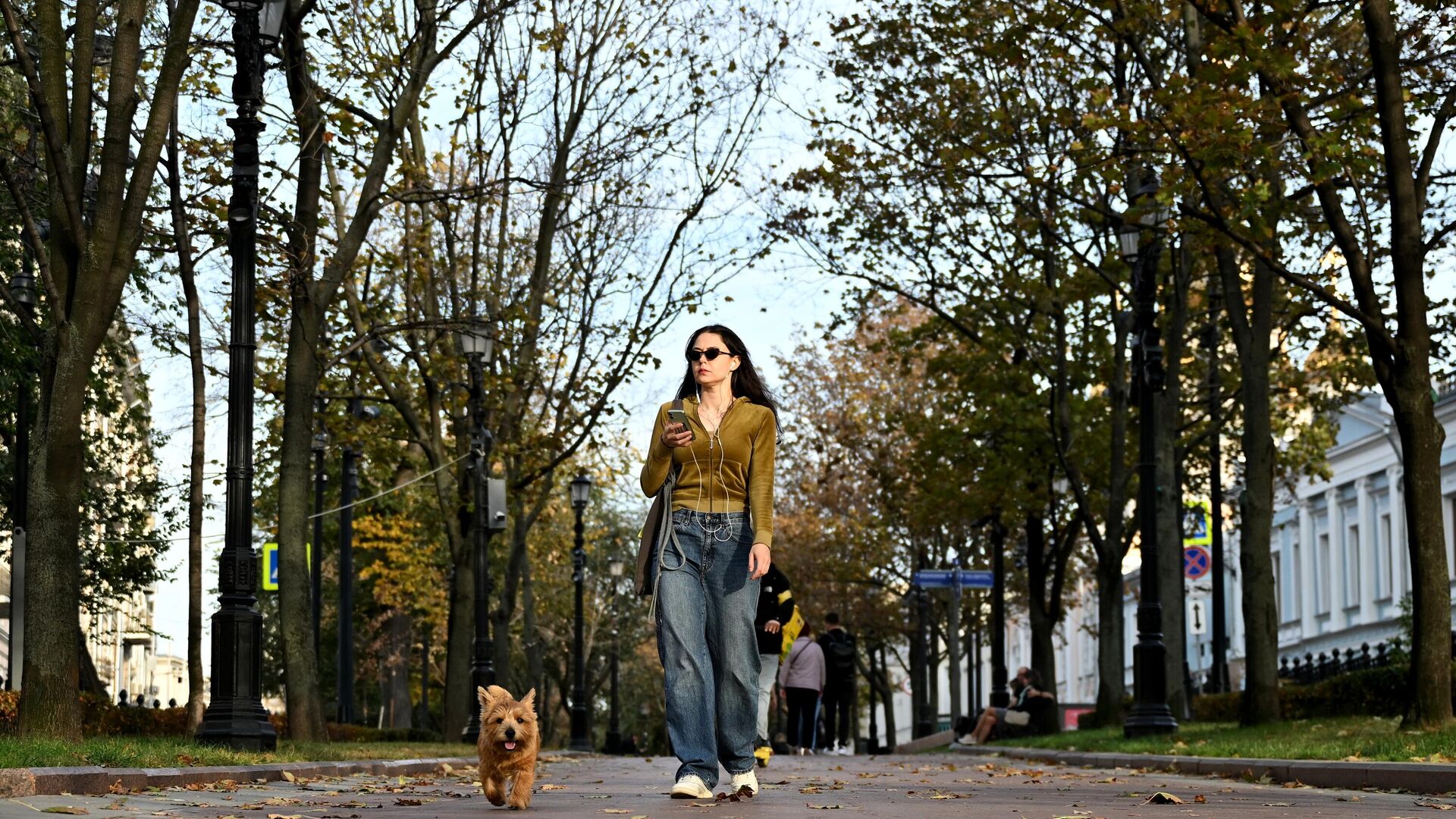 Женщина гуляет с собакой на Рождественском бульваре в Москве - РИА Новости, 1920, 22.05.2024