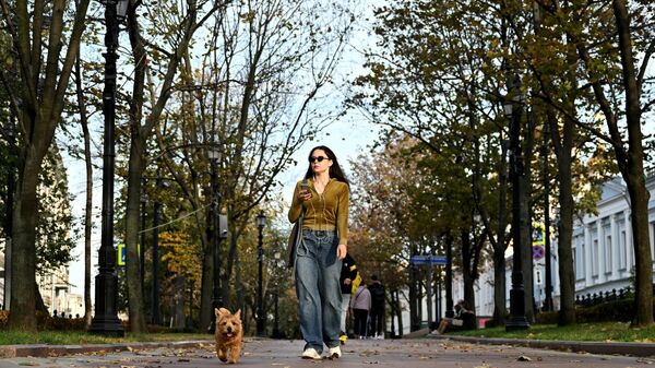 Женщина гуляет с собакой на Рождественском бульваре в Москве