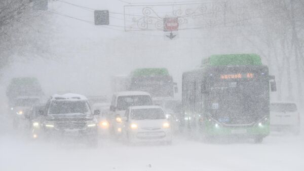 Автомобили на проезжей части одной из улиц Южно-Сахалинска во время снегопада