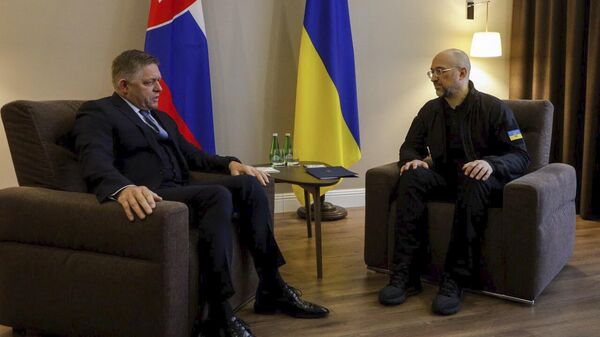 Премьер-министр Словакии Роберт Фицо и премьер-министр Украины Денис Шмыгаль во время встречи в Ужгороде