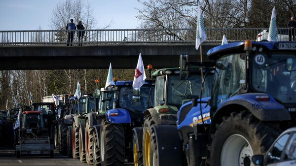 Фермеры на тракторах, перекрывшие движение на шоссе к северу от Парижа