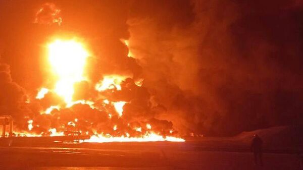 Пожар на месте взрыва на промышленном объекте в Кременчугском районе Полтавской области Украины. 28 января 2024