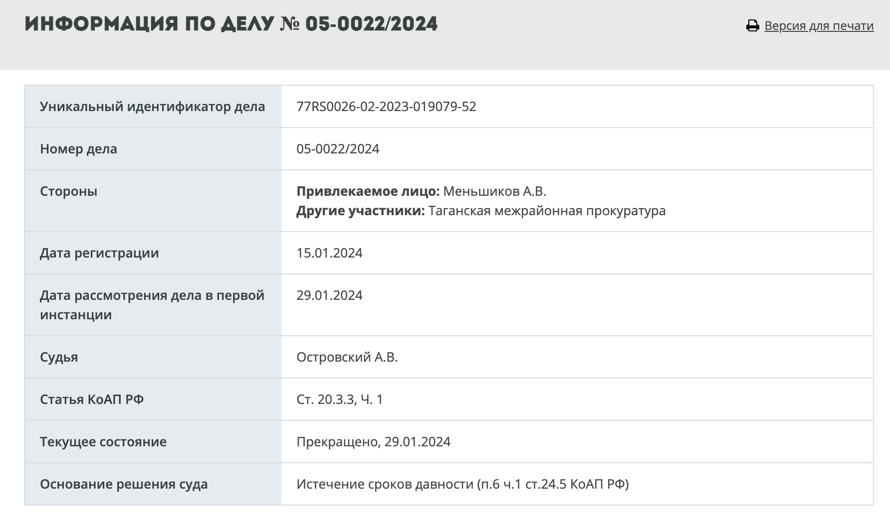 Скриншот дела Андрея Меньшикова с Официального портала судов общей юрисдикции города Москвы  - РИА Новости, 1920, 30.01.2024