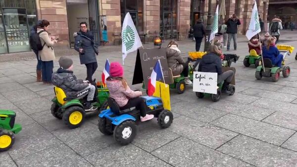 Дети протестующих фермеров на мини-тракторах в центре французского Страсбурга