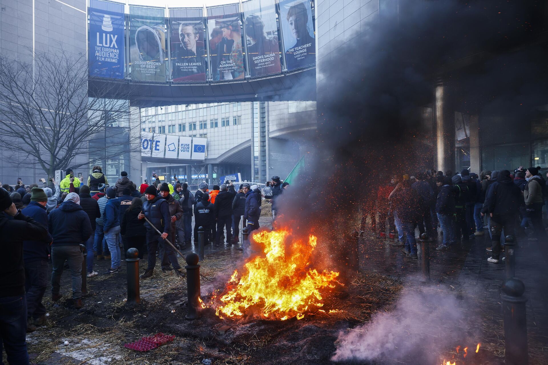 В Брюсселе протестующие фермеры жгут костры перед зданием Европарламента -  РИА Новости, 01.02.2024