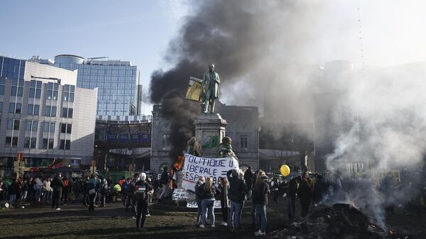 Участники акции протеста в Брюсселе возле памятника британо-бельгийскому промышленнику Джону Кокериллу