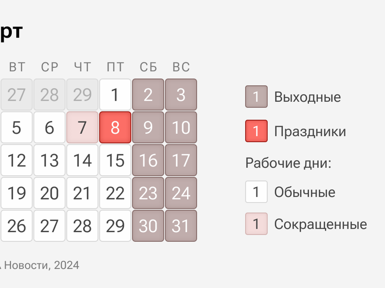 Выходные и праздники в марте: как россияне будут отдыхать в 2024 году