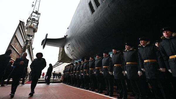 Церемония спуска на воду атомного подводного ракетного крейсера Князь Пожарский проекта Борей-А на заводе Севмаш в Северодвинске