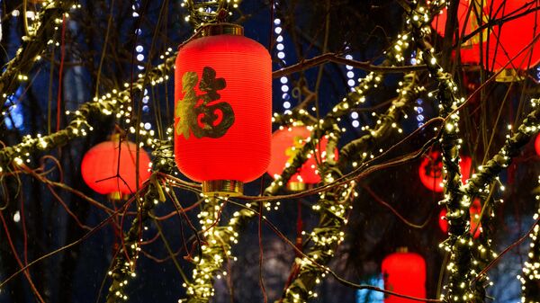 Китайские фонарики висят на деревьях в парке Шэньяна