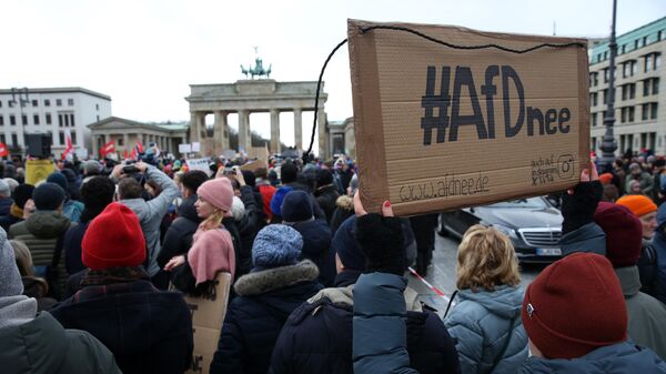 Активисты различных групп протестуют против политики партии  Альтернатива для Германии перед Бранденбургскими воротами в Берлине