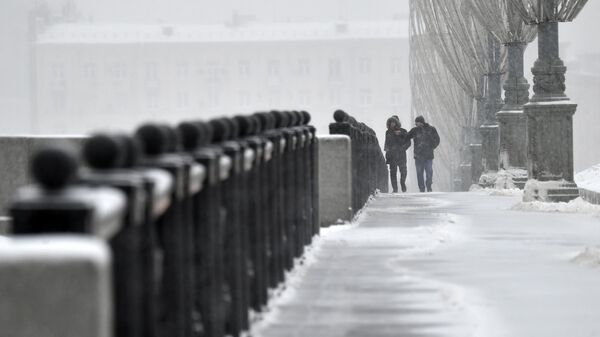 Прохожие на Большом Каменном мосту во время снегопада в Москве