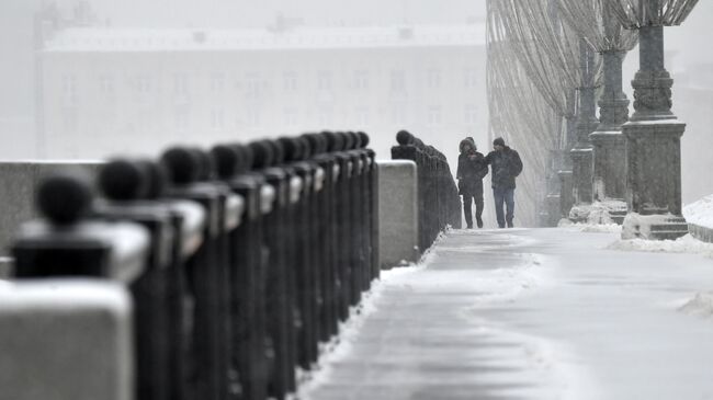 Прохожие на Большом Каменном мосту во время снегопада в Москве