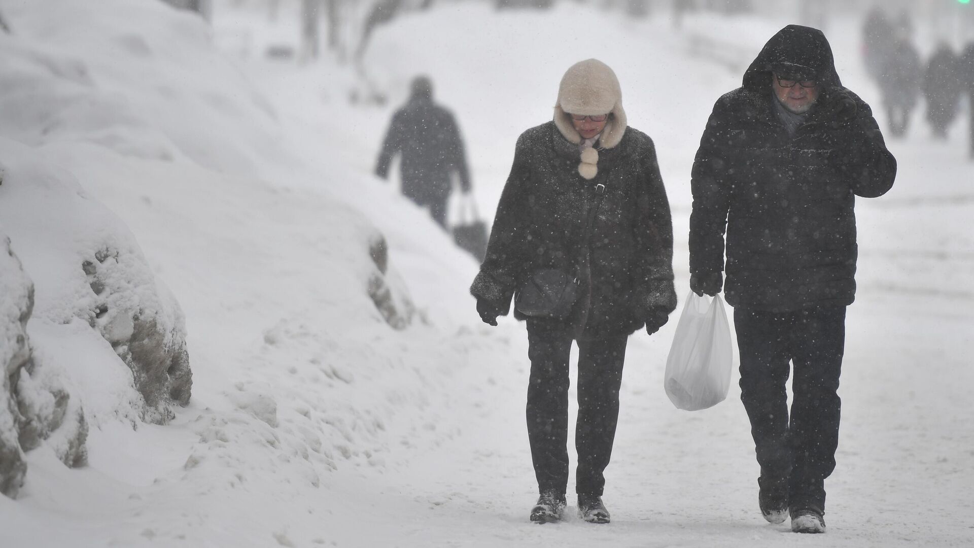 Люди идут по улице в Москве во время снегопада - РИА Новости, 1920, 07.02.2024