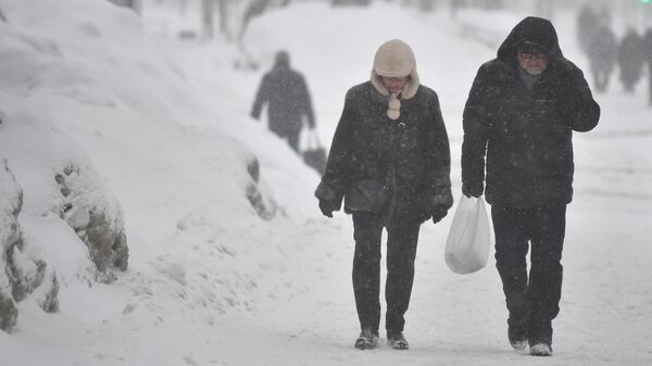 Люди идут по улице в Москве во время снегопада