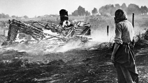 Освобождение Белоруссии от немецко-фашистских захватчиков. Гитлеровцы сожгли дотла белорусскую деревню. 1944 год