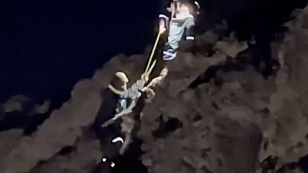 Альпинисты МЧС Севастополя спасают домашнюю козу, которая оказалась под скальным обрывом в Балаклаве. Кадр видео