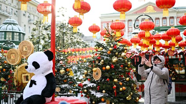 Посетительница фотографирует инсталляции на фестивале Китайский Новый год в Москве в Москве