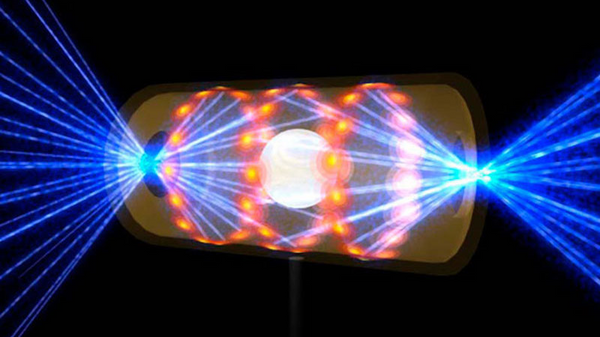 Художественное представление лазерных лучей, входящих через отверстия на обоих концах капсулы, содержащей гранулу с термоядерным топливом. Сжимая и нагревая мишень, лучи вызывают ядерный синтез в грануле