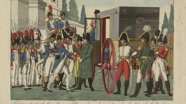 Наполеон прощается с гвардией в Фонтенбло, Антон Лейтнер, Вена, Австрия, первая четверть XIX в. Бумага, раскрашенная гравюра