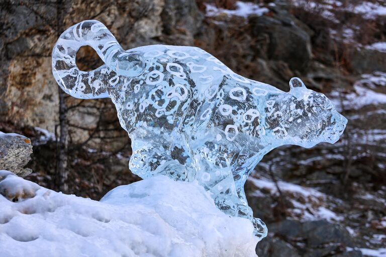 Ледовая скульптура на фестивале Olkhon Ice Park, проходящем на береговой линии озера Байкал на острове Ольхон