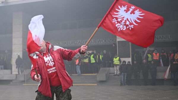 Мужчина с флагом Польши во время акции протеста фермеров в Познани. 9 февраля 2024
