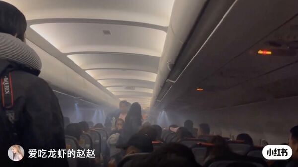 Задымление в салоне пассажирского самолета из-за взрыва пауэрбанка у одного из пассажиров. Кадр видео
