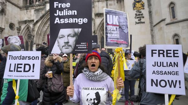 Акция в поддержку основателя WikiLeaks Джулиана Ассанжа перед зданием Высокого суда в Лондоне