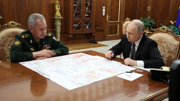 Президент Владимир Путин и министр обороны Сергей Шойгу во время встречи