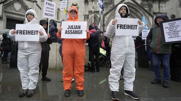 Акция в поддержку основателя WikiLeaks Джулиана Ассанжа перед зданием Высокого суда в Лондоне