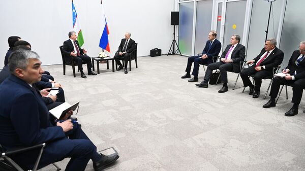 Президент РФ Владимир Путин и президент Узбекистана Шавкат Мирзиеев во время встречи в Казани