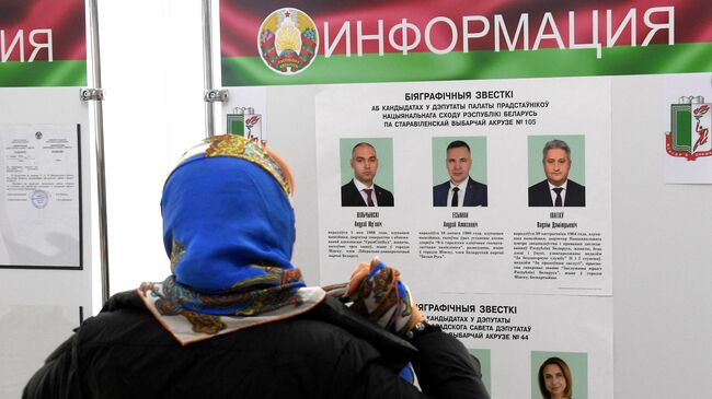 Женщина знакомится с информацией о кандидатах в депутаты Палаты представителей Национального Собрания Республики Беларусь